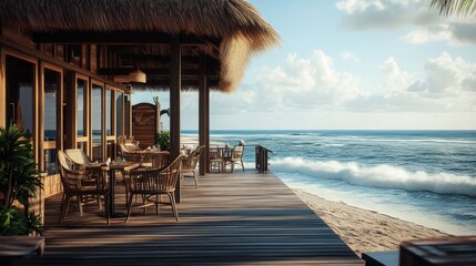 Fototapeta premium Serene beachfront restaurant with ocean view, inviting atmosphere, and gentle waves