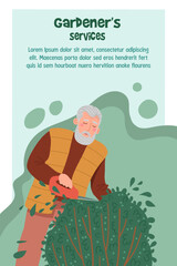 Vertical advertising banner showing an elderly man trimming a bush. Offering a gardeners service. Vector illustration