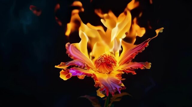 A flower with a flame on it. The flower is orange and purple