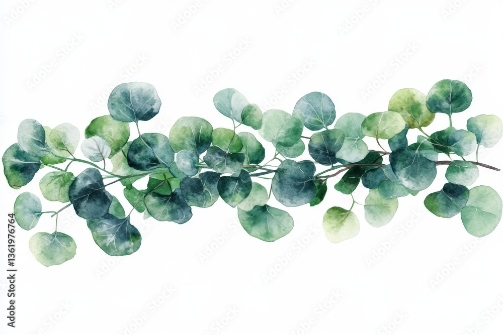 Aufkleber eucalyptus leaves arranged in a horizontal layout with varying shades of green and soft watercolor t