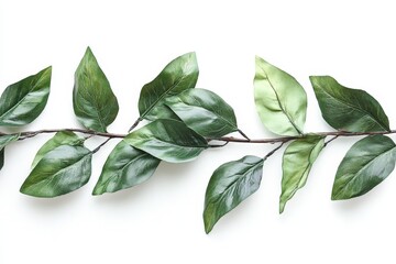 Green leaves arranged on a white background create a fresh and vibrant natural display