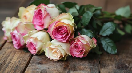 Naklejka premium A close-up of a fragrant rose bouquet placed on a wooden table