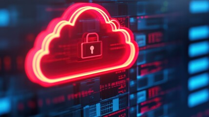 A glowing cloud icon with a padlock symbolizes cloud security and data protection against cyber threats in a digital environment.