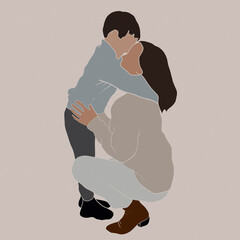 Freehand abstract image of a mother and son in the style of flat graphics. Hand drawn motherhood illustration. Minimalism. For the design of Mother's Day cards; banners