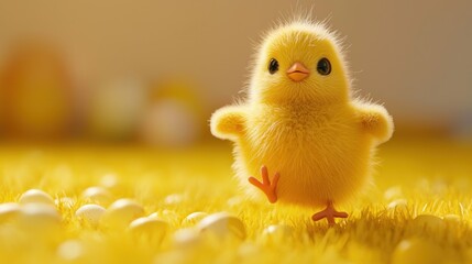 Cute Yellow Chick Running on Bright Yellow Background with Eggs