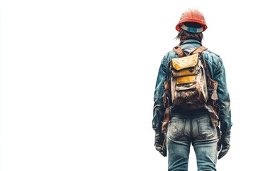 Naklejka premium Construction worker standing on site, preparing for work in early morning light, wearing safety gear and a backpack