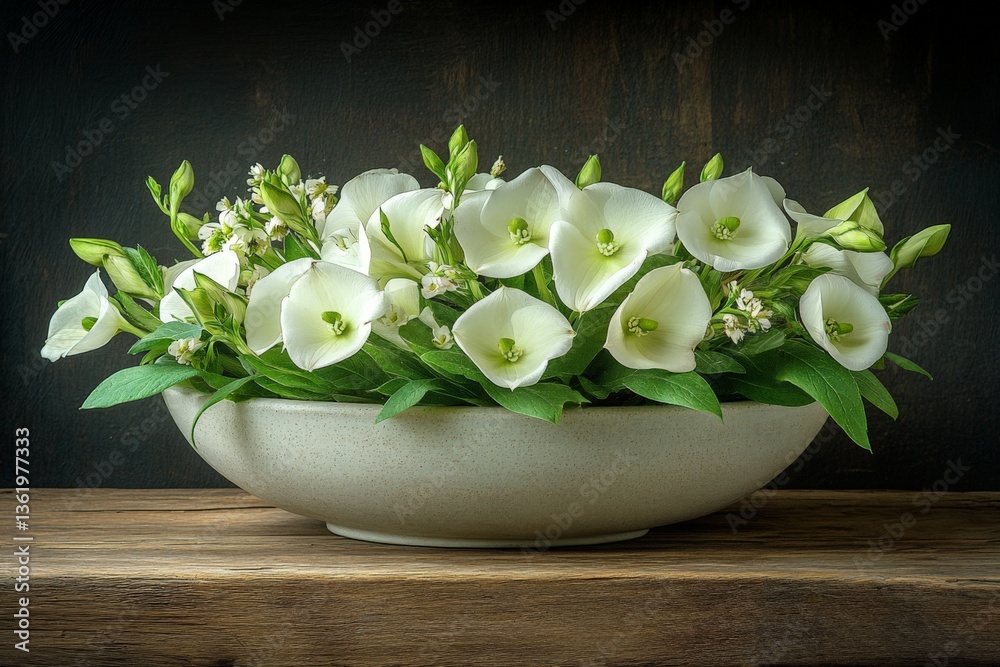 Poster elegant white flowers arranged in a simple bowl on a wooden table with a dark background
