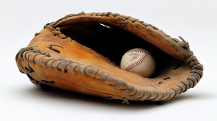 A tan leather catchers mitt with a slightly worn baseball resting inside, sharply detailed on white