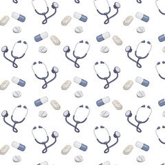 Seamless pattern medical items.Stethoscope, various pills and capsules. Can be used for healthcare websites, blogs, medical presentations,educational resources, brochures