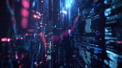 Obraz premium Abstract digital landscape showcasing data visualization with glowing graphs and futuristic elements in a tech environment