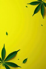 Green hemp leaves scattered on a vibrant yellow background, creating a striking contrast and a sense of nature and vitality,  sustainable,  vitality