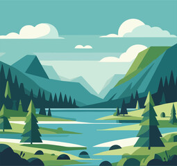 Serene Nature Landscape - Mountains, Forest, and River in Flat Design.