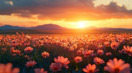 Obraz premium Vibrant sunset over a field of pink flowers.
