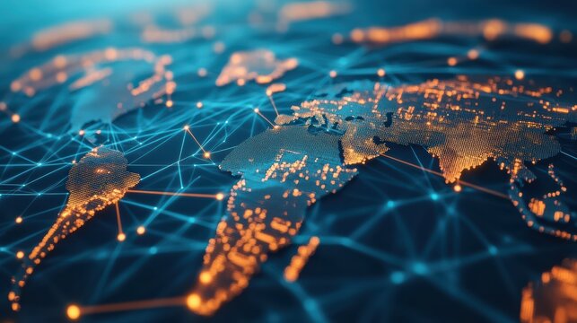 A digital map of the world illuminated with light connections, representing global networks and data flow. - Powered by Adobe