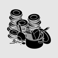 Dirty dishes icon sign. Mountain of dirty plates and pots symbol.
