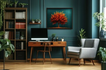 Teal Office Space Desk, Chair, Computer, Artwork, Shelves, Plants, Cozy, Wood Accents