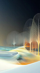 Abstract landscape with illuminated trees at dusk