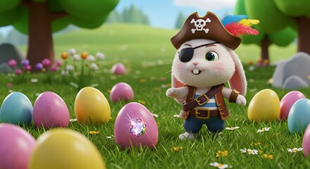 Fototapeta premium easter bunny hunter easter eggs with pirates costume