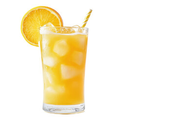 Tall glass of orange juice with ice cubes and a straw and an orange slice on Isolated on white transparent background