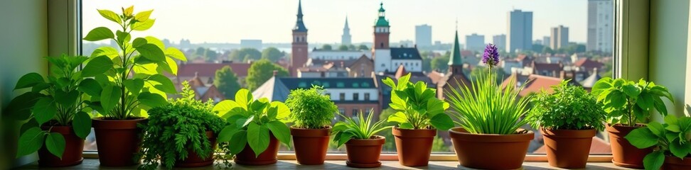Green herbs and plants thriving on a sunny balcony overlooking Stockholm skyline,  sunny,  apartment