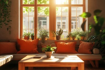 Cozy Living Room with Houseplants, Sofa, and Table under Natural Light near Big Window