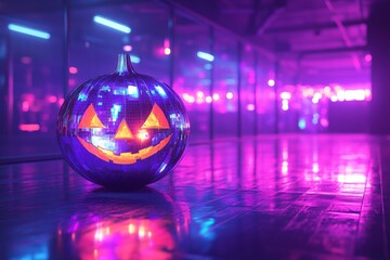 Fototapeta premium Colorful disco pumpkin shining in a vibrant Halloween party atmosphere with neon lights and reflections