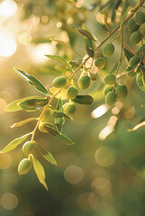 Detailed shot of an olive tree branch, vibrant green olives and lush leaves bathed in sunlight