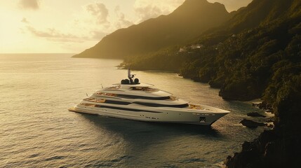 Luxury Yacht Anchored Near Serene Tropical Coastline at Sunset