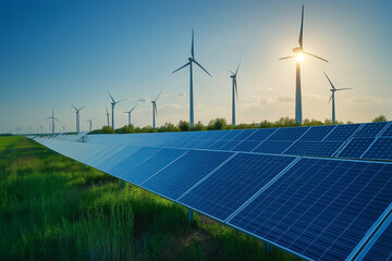 A large scale renewable energy project featuring solar panels and wind turbines harnessing sustainable power