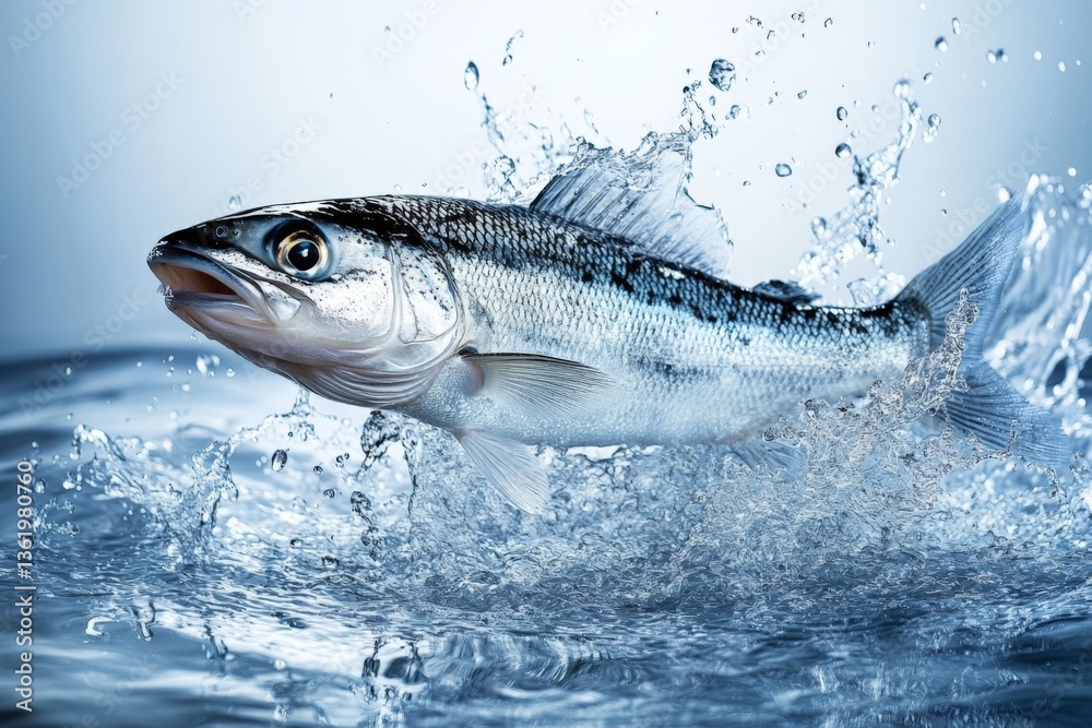 Poster fish leaps from water creating splashes in a tranquil aquatic environment at sunrise