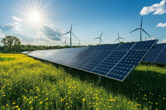 A large scale renewable energy project featuring solar panels and wind turbines harnessing sustainable power