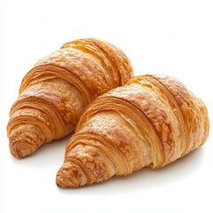 Two Delicious Flaky Golden Croissants on White Background, Tasteful Baked Goods, Breakfast Pastry