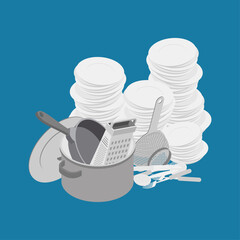Dirty dishes. Mountain of dirty plates and pots.