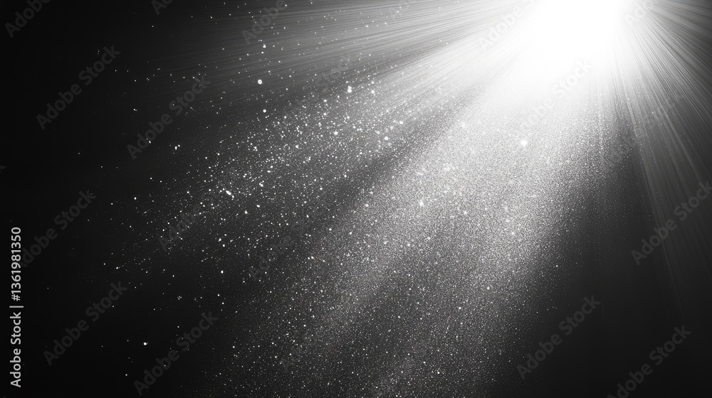 Poster ethereal rays of light illuminating a dark space, creating a mystical atmosphere with floating parti