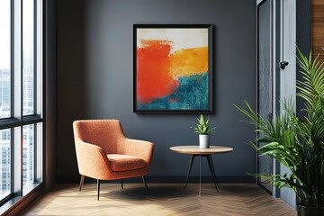 Fototapeta premium Interior with Armchair, Painting, and Plants. Dark Wall and Wood Floor Design