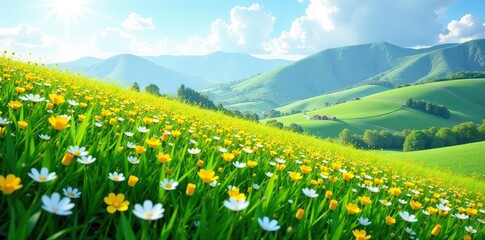 Green hill covered in yellow and blue flowers during spring,  nature,  3D rendering