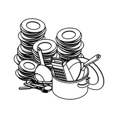 Dirty dishes icon sign. Mountain of dirty plates and pots symbol.
