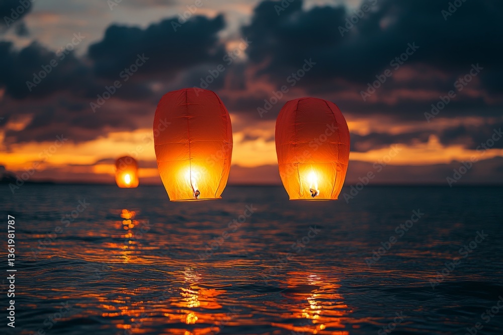 Aufkleber lanterns floating on water at sunset create a serene atmosphere by the beach