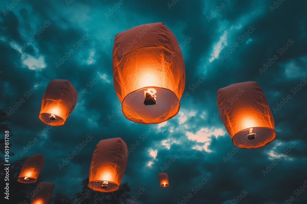 Aufkleber floating lanterns illuminate the night sky during a festive celebration in a tranquil setting