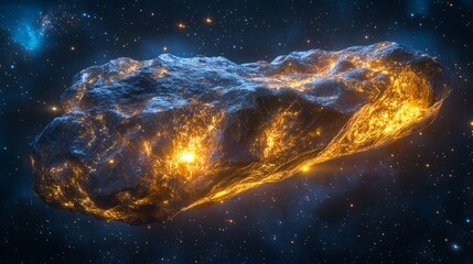 Fototapeta premium A massive, glowing meteorite with intricate textures, captured in space with stars around 