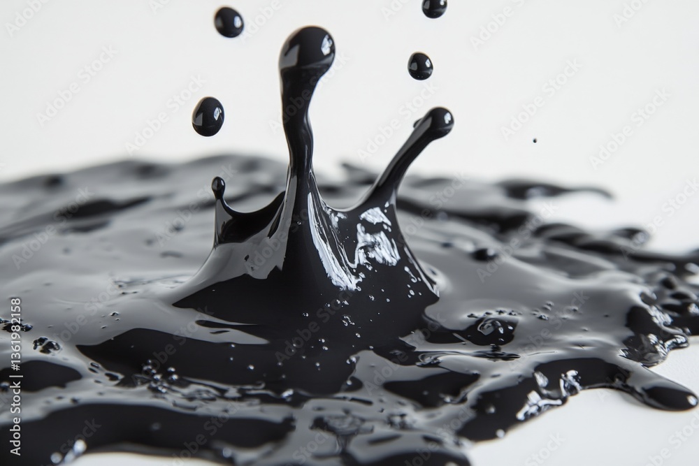 Poster Black liquid splashes creating dynamic patterns on a white surface during a creative experiment