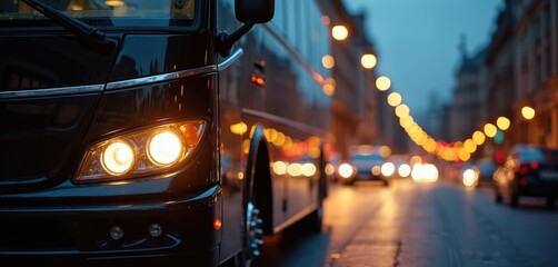 Close-up of black tour bus with illuminated headlights on city street at dusk. Entertainment act transport, concert band vehicle, automotive. Bokeh street lights. Night urban scene.