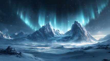 Alien Icy Exoplanet Featuring Towering Frozen Peaks, Colossal Glaciers and Mesmerizing Blue Auroras Amid a Dark Void