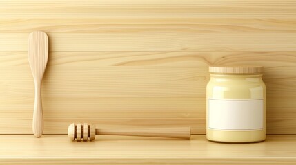 Wooden Utensils and Jar on Light Wood Surface