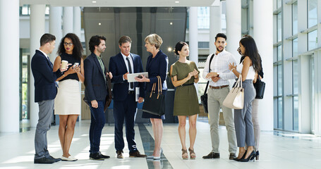 Business, people and networking at event in office for b2b collaboration, global expo and waiting room. Convention, group and discussion in lobby for corporate seminar, career development and review