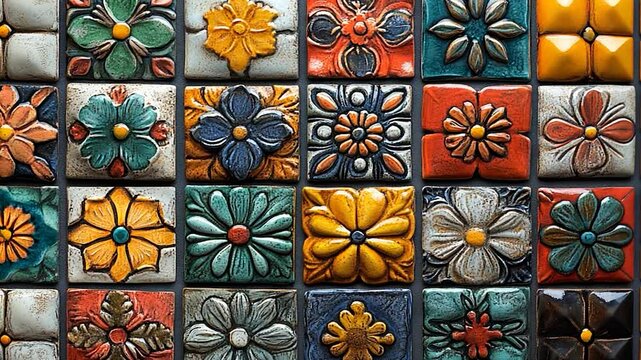 Colorful ceramic tiles featuring floral patterns arranged in a grid