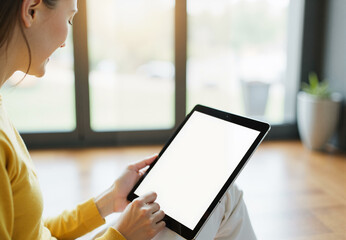 Female hands holding tablet with blank screen. Young woman with digital device, female person using mobile technology at home, tablet mockup