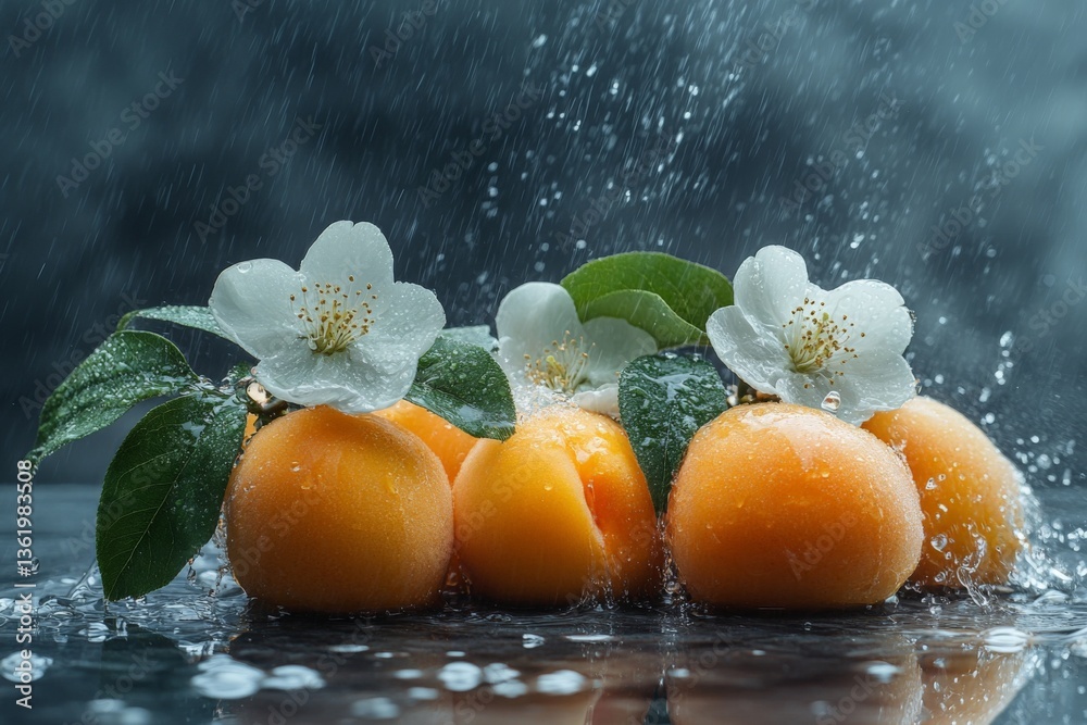 Aufkleber Fresh apricots with flowers and droplets against a textured background create a refreshing atmosphere