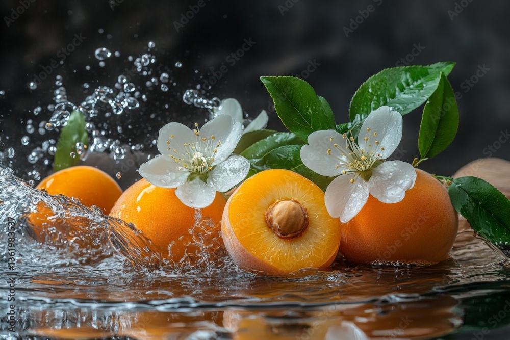 Poster fresh apricots with blossoms splashing in water create a vibrant natural display
