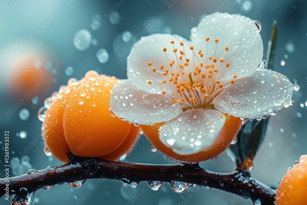 Aufkleber Blossom and fruit on a branch with droplets in a serene garden setting during early spring